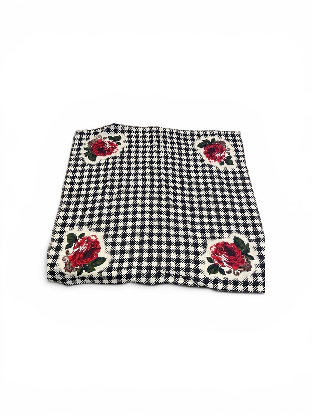 Vtg Ray Strauss Black & White Houndstooth Scarf with Red Rose Accents wool